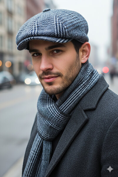 STELLA VESTİNO Şık Ekose Kasket & Yünlü Atkı Seti - Erkekler İçin Soğuk Havaya Özel Stil