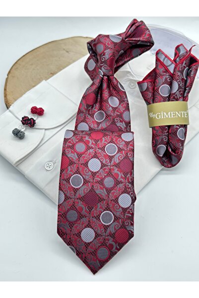 Gutiero Claret Red Patterned Classic Tie with Handkerchief