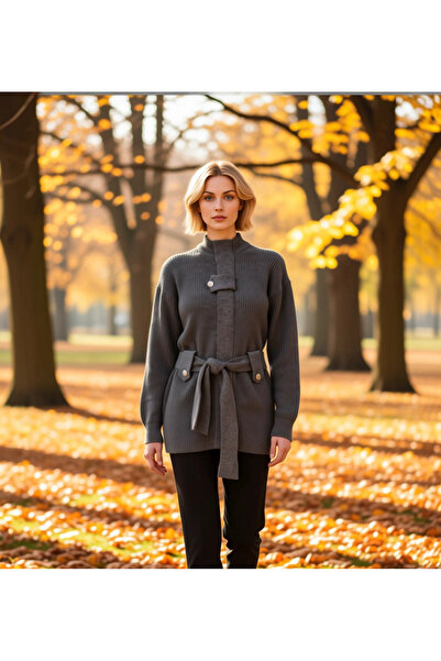 BENERLY Women's Knitwear Coat Belt Detail Long Sleeve Mock Neck Knit Cardigan...