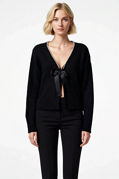 BENERLY Women's Soft Textured Oversized Knitwear Cardigan Pearl Embroidered V...