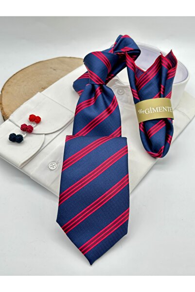 Gutiero Navy Blue Red Striped Classic Tie with Handkerchief