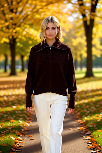 BENERLY Women's Wide-Fit Turn-Down Collar Zippered Knitwear Cardigan Long-Sle...