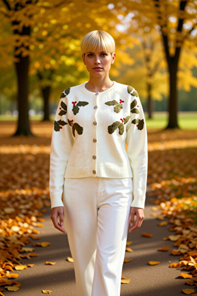 BENERLY Kadın Yılbaşı Desenli Yumuşak Dokulu Düğmeli Triko Hırka Taş İşlemeli...