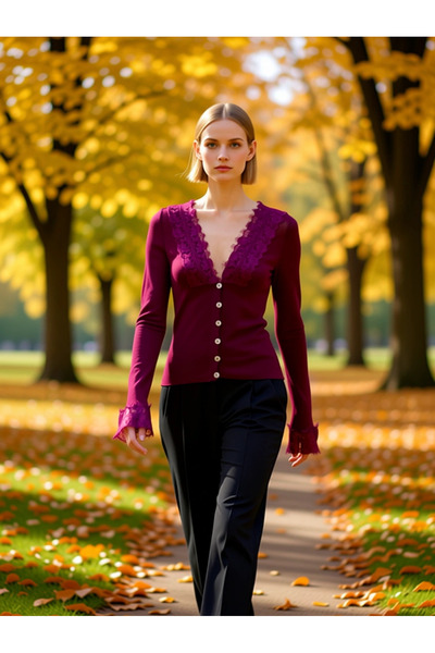 BENERLY Women's Lace Embroidered V-Neck Fitted Knitwear Cardigan Long Sleeves...