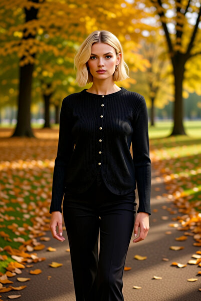 BENERLY Women's Buttoned Crew Neck Corded Fabric Textured Long Sleeve Regular...