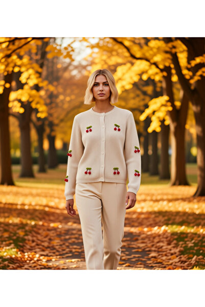 BENERLY Women's Cherry Embroidered Soft Textured Knitwear Cardigan Relaxed Fi...