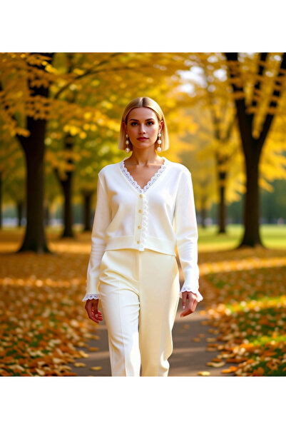 BENERLY Soft Textured Lace Detailed V-Neck Knitwear Cardigan a Stylish and Co...