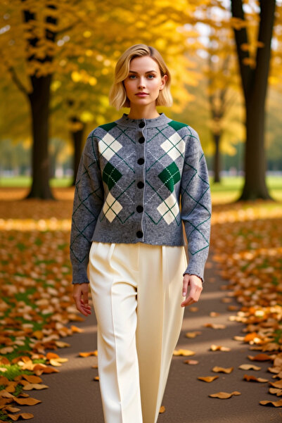 BENERLY Women's Argyle Pattern Buttoned Knitwear Cardigan Soft Textured Drop ...