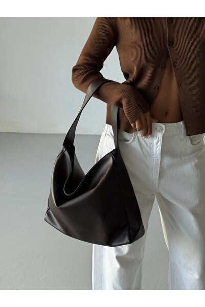 cosybag. Tote Large Size Hidden Pocket Detail Faux Leather Handy Bag Bitter Brown