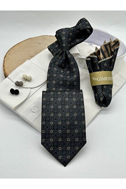 Gutiero Black Patterned Classic Tie with Handkerchief