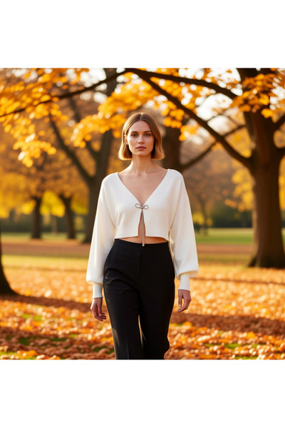 BENERLY Women's Crop Knit Cardigan with Low Sleeves, V-Neck, Bow Detail, Crea...