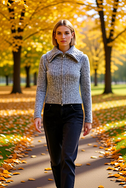 BENERLY سترة نسائية منسوجة من خيوط اللحية F قماش مجدّل بسحاب وأكمام طويلة ويا...