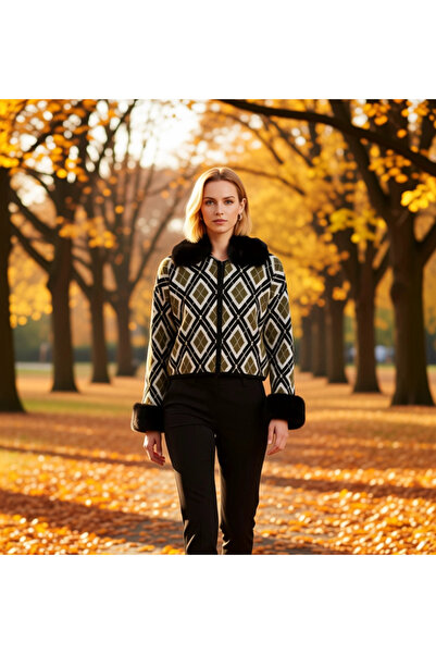 BENERLY Kadın Baklava Desenli Sim Detaylı Çıkartılabilir Suni Kürk Yakalı Uzu...