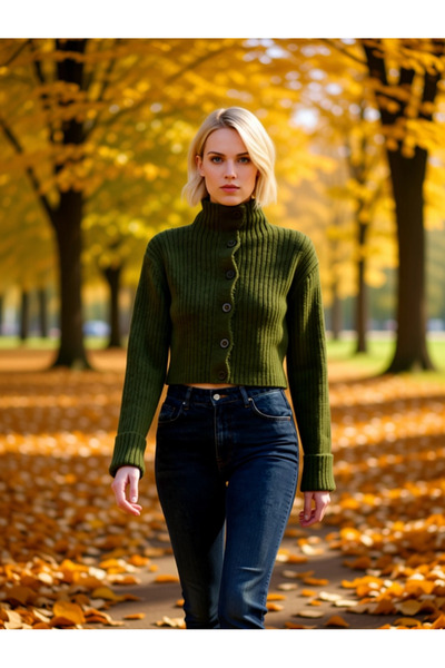 BENERLY Kadın Dik Yaka Fitilli Dokuma Crop Oversize Triko Hırka Düşük Kol Rah...