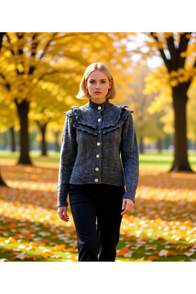 BENERLY Women's Ruffle Collar Detailed Lace-Like Knit Knitwear Cardigan Butto...