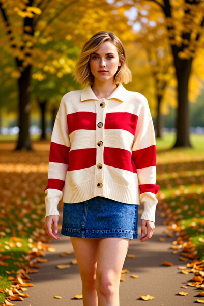 BENERLY Young Women's Striped Polo Neck Knit Cardigan Adds a New Touch to You...