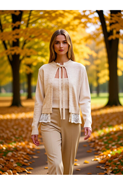 BENERLY Women's Tie-Up Detailed Knitwear Cardigan Blouse Set Lace Hem Design ...