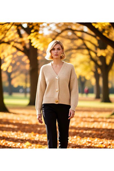 BENERLY Women's V-Neck Wide-Fit Ribbed Knitwear Cardigan Stylish Buttoned Com...