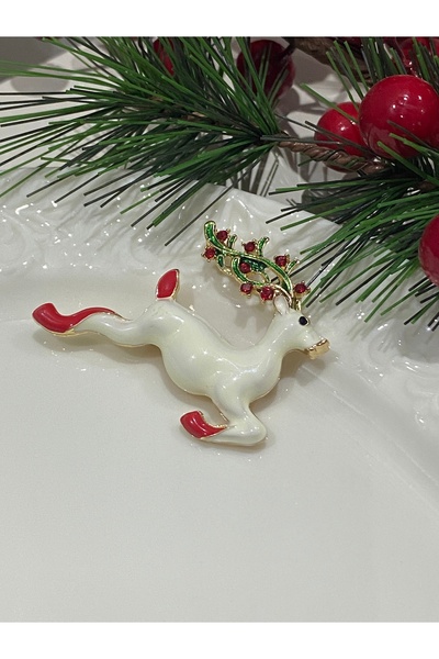 kurukafagift Broş Yılbaşı Geyik Beyaz Kırmızı Renkli