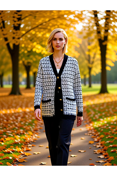 BENERLY Kadın Geniş Kalıp V Yaka Düşük Kol Dokulu Simli Tüvit Görünümlü Uzun ...