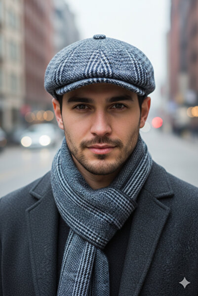 STELLA VESTİNO Şık Ekose Kasket & Yünlü Atkı Seti - Erkekler İçin Soğuk Havaya Özel Stil