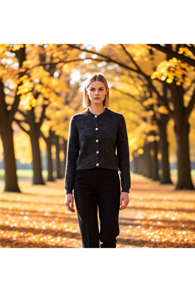 BENERLY Women's Textured Knitwear Cardigan Shiny Speckled Details Crew Neck C...