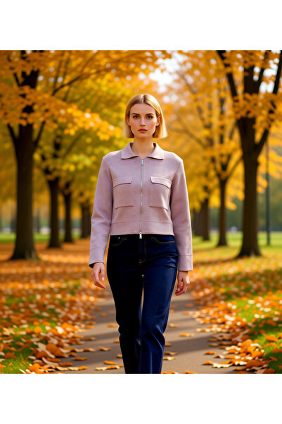 BENERLY Kadın Modern Polo Yaka Fermuarlı Önü Cepli Uzun Kollu Rahat Kalıp Kıs...