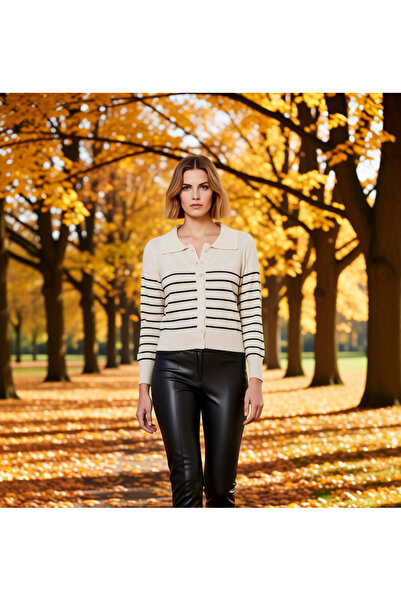 BENERLY Women's Striped Patterned Polo Neck Buttoned Crop Knitwear Cardigan L...