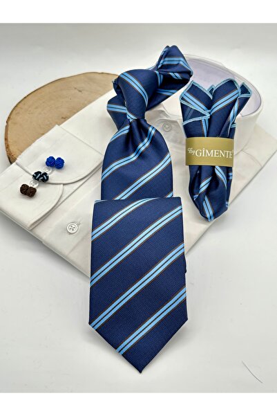 Gutiero Navy Blue Striped Classic Tie with Handkerchief