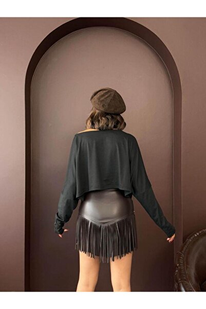 Ecenin Favorileri Western style faux leather short skirt with tassels in bitter brown