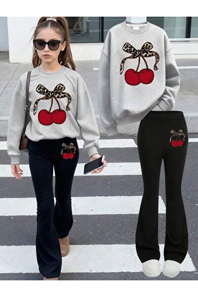 VESTIR BIEN Üst Gri Alt Siyah Kiraz Baskılı Kız Çocuk Alt Üst Takım İspanyol ...