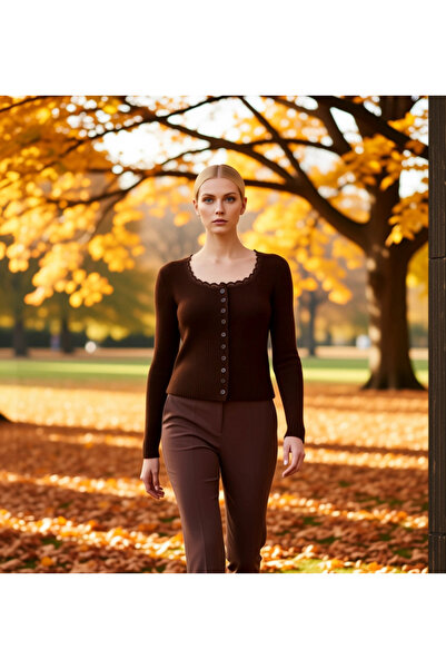 BENERLY Women's Crop Lace Detailed Square Neck Corded Fabric Knitwear Cardiga...