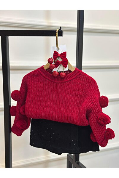 ArdenKids 2-8 Yaş Bordo Ponpon Kol Triko Kazak & Siyah Taş Detaylı Jean Şort Etek