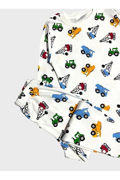 ALİŞ KİDS Boys' 100% Cotton White Car Engineering Vehicle Pattern Long Sleeve Pajama Set