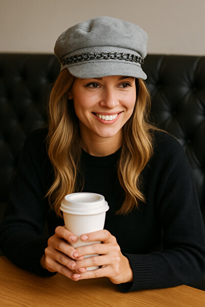 Saria Moda Zincir Aksesuarlı Gri Kadın Kaptan Şapka