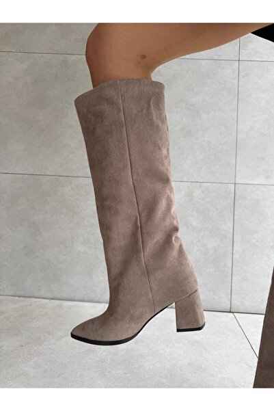 Elvinin Tarzı Pesa Mink Suede Thick Heeled XL Cut Women's Boots