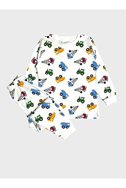 ALİŞ KİDS Boys' 100% Cotton White Car Engineering Vehicle Pattern Long Sleeve Pajama Set