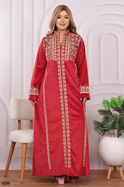 Lyaly aljlabyh A velvet winter jalabiya with elegant "shoulder and arm" embroidery, a modest and modern look.