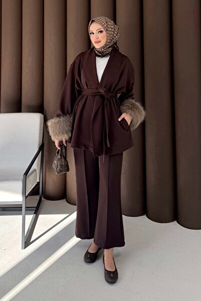 Melike Tatar Sleeved Fur Scuba Suit Brown 3725