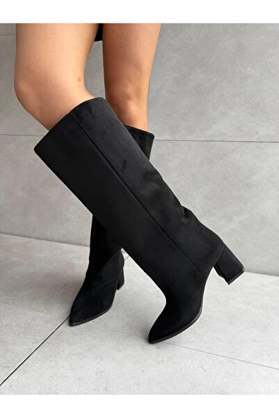 Elvinin Tarzı Pesa Siyah Süet Kalın Topuklu XL Kesim Kadın Çizmesi