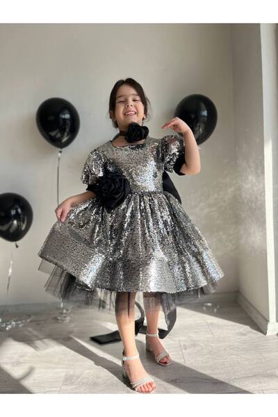 Sare Çocuk Giyim Ασημένια παγιέτα με μεγάλο φιόγκο με λεπτομέρειες αστραφτερό βραδινό φόρεμα + αγκράφα + κολάρο