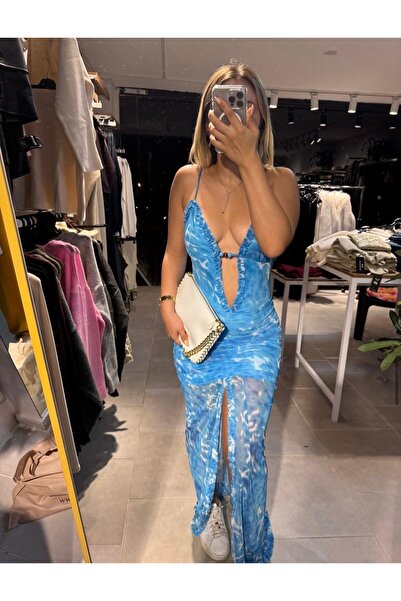 OEM Kadın Derin V Yaka Yırtmaçlı Büzgülü Desenli Maxi Elbise – Mavi👗