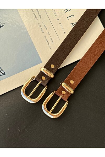 TABA BUTİK Curea de piele pentru femei cu detaliu cataramă aurie 105 CM