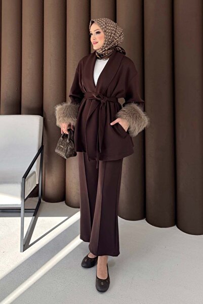 Melike Tatar Sleeved Fur Scuba Suit Brown 3725