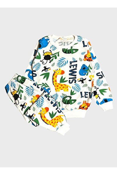 ALİŞ KİDS Boy's Cotton Raised White Safari Print Long Sleeve Winter Pajamas Set