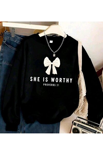 Elvino She Is Worthy Printed Women'S/Men's Unisex Oversized Crew Neck 3-Thread Sweatshirt