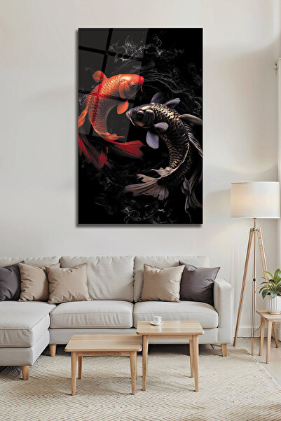B&G DESIGN Pictură pe sticlă cu pești Koi Yin & Yang |   Pești roșii și negri...