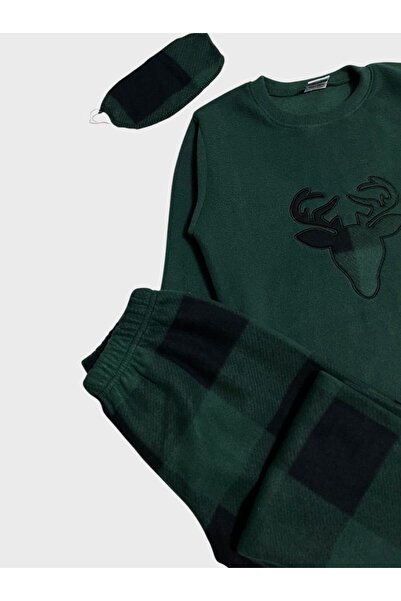 ALİŞ KİDS Boys-Girls Cotton Fleece Fabric Green Christmas Deer Pattern Winter Pajama Set with Sleep Band