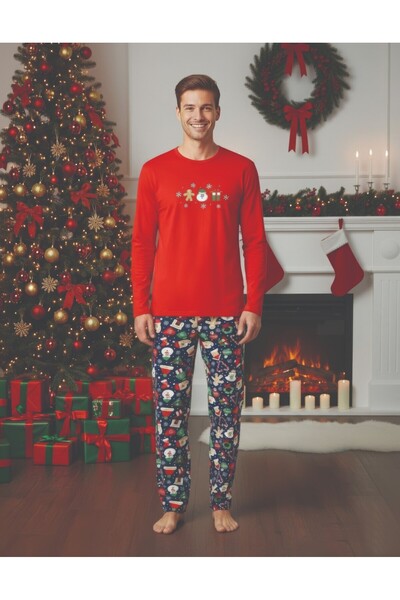 TOSKI Men's Christmas pajamas Red with snowman, long sleeves and long pants