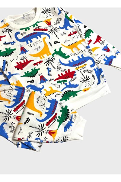 tusem butik homewear Set de pijamale de iarnă cu mânecă lungă cu model de dinozaur alb Pmauklu cu căptușeală din fleece pentru băieți